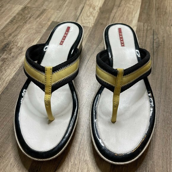 Prada Womens Yellow White Slip On Block Heel Flip Flop Sandal Size US 8 EUR 38.5 - Picture 2 of 6